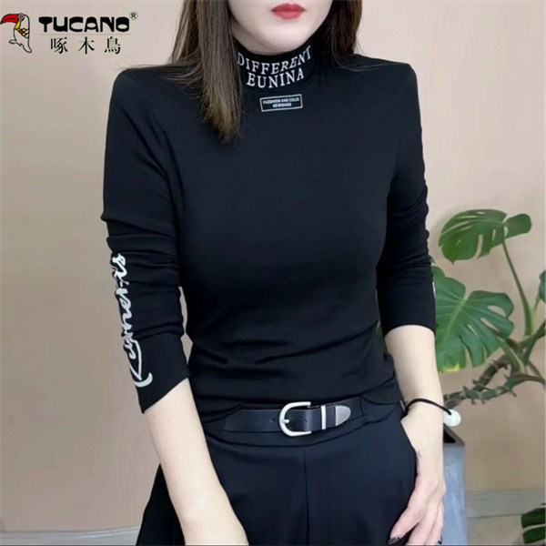 【啄木鳥】2024秋李新品女士时尚百搭休闲设计感气质半高领打底衫