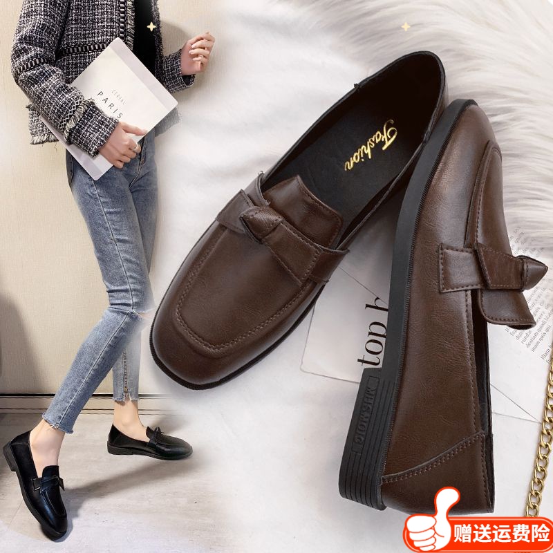 红蜻蜓牌单鞋女2023春秋平底蝴蝶结英伦风小皮鞋软皮一脚蹬乐福鞋
