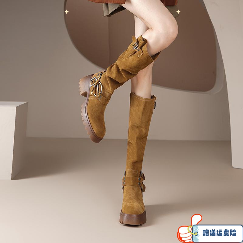 红蜻蜓牌女鞋2023秋冬新款显瘦磨砂厚底堆堆靴女粗跟高筒靴骑士靴