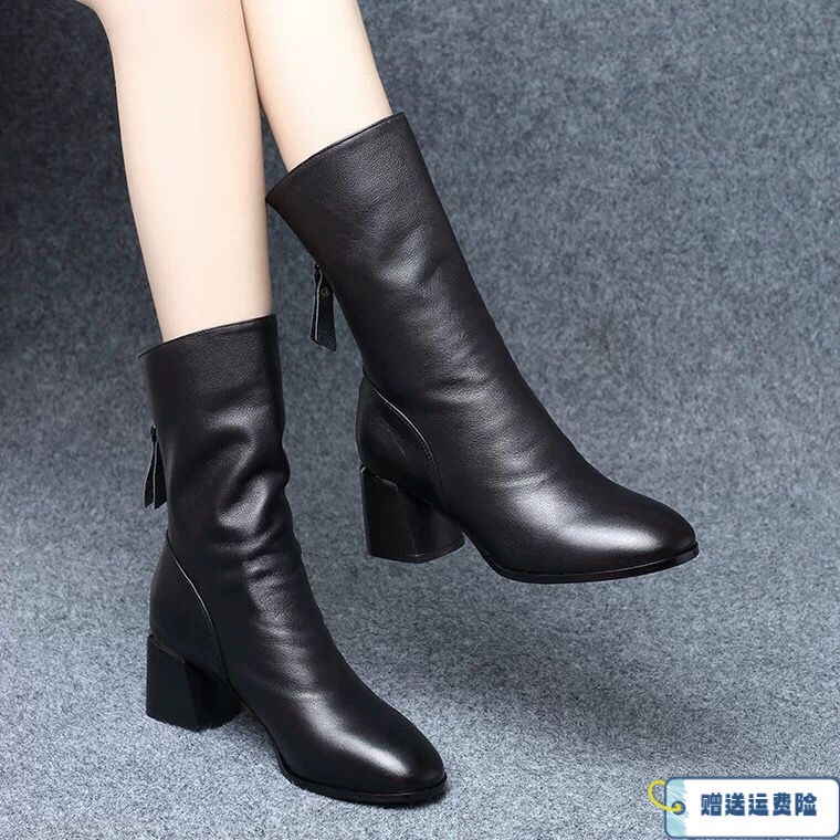 红蜻蜓牌真软皮时尚短靴女中跟方头秋季单靴2023秋冬季新款中筒女