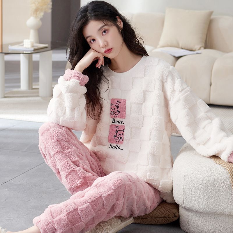 睡衣女套装法兰绒珊瑚绒大码长袖学生保暖韩版卡通秋冬季宽松冬款