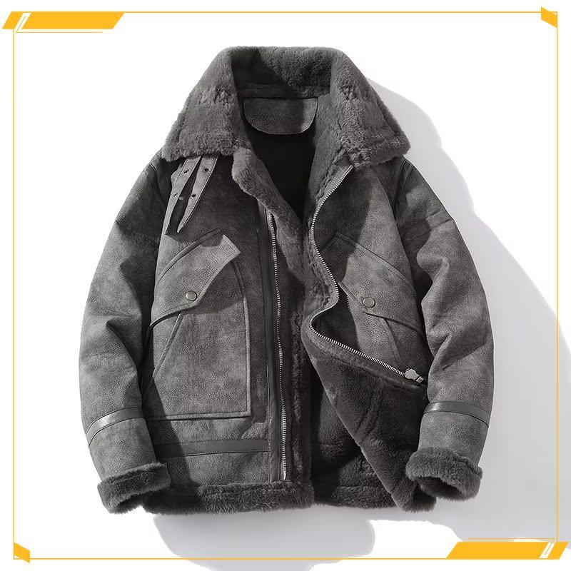 一体翻领工装夹克外套男士皮毛冬季宽松加厚保暖棉服潮牛仔百搭