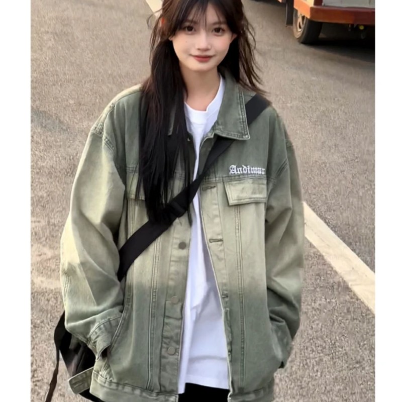 渐变工装牛仔外套男女复古水洗翻领夹克痞帅情侣款潮春秋休闲百搭