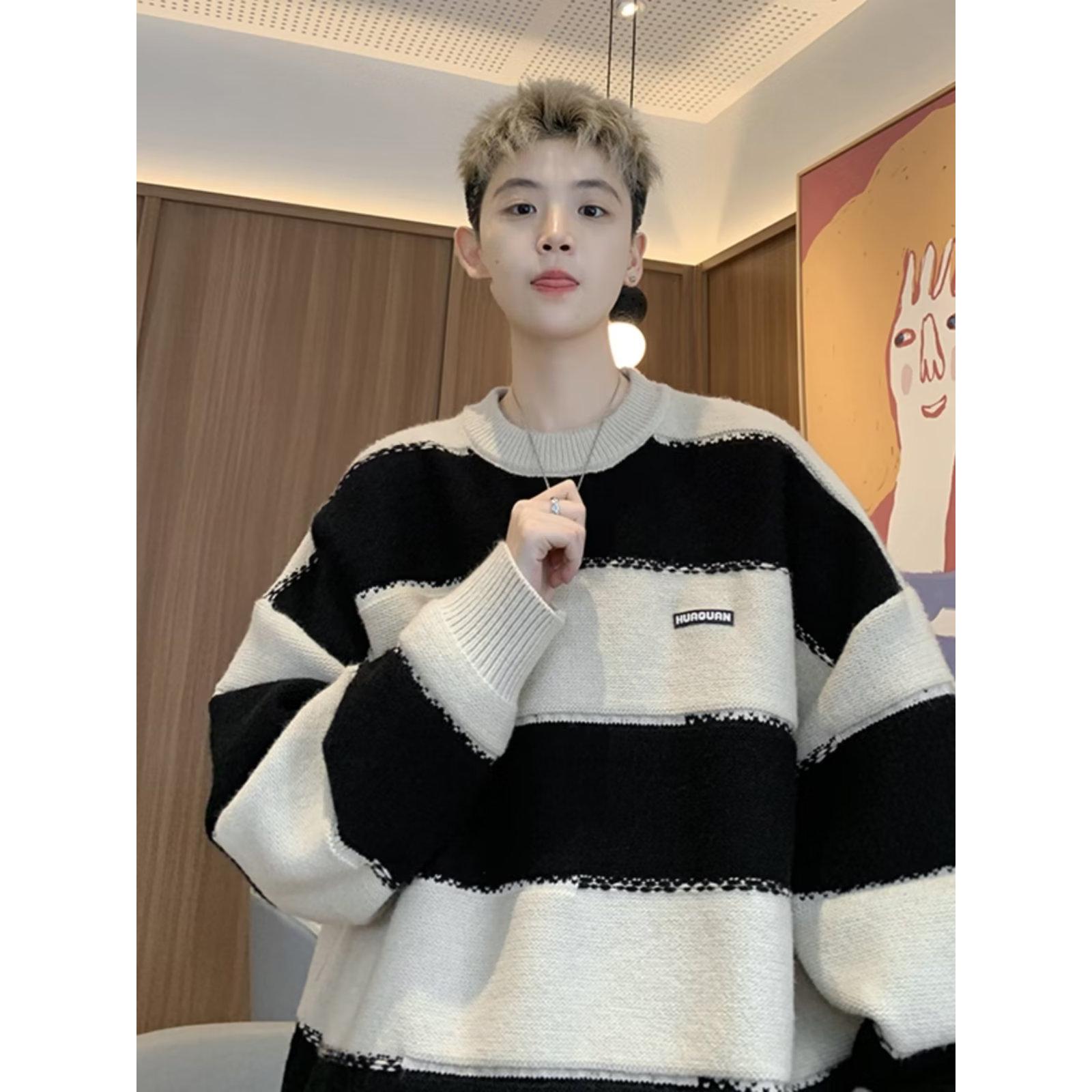 条纹毛衣男秋冬款小众高级感大码针织衫日系慵懒风痞帅宽松毛线衣