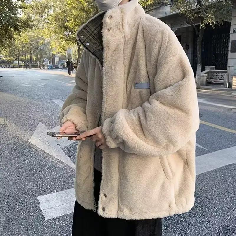 两面穿棉服男款冬季潮牌加绒加厚棉衣宽松痞帅棉袄立领毛外套