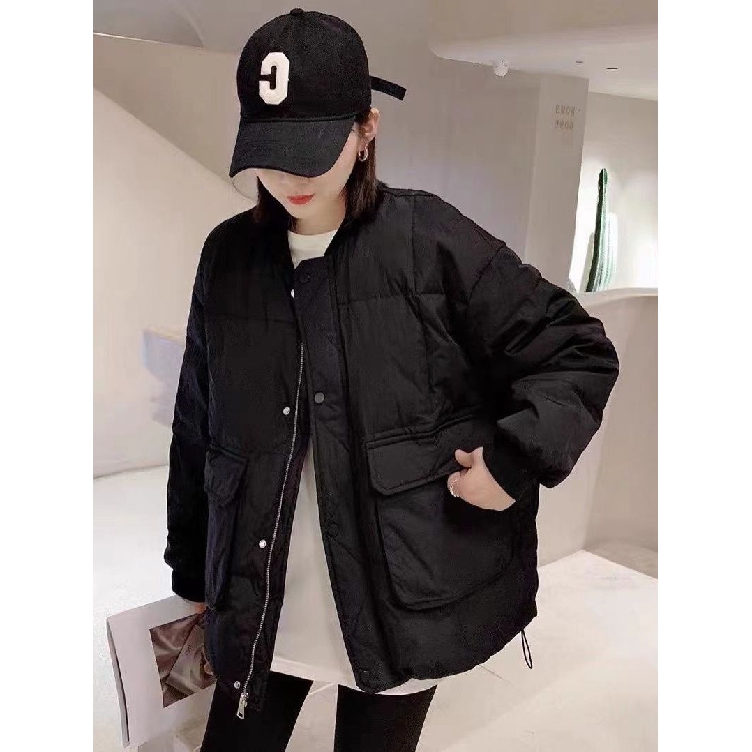 圆领羽绒服女秋冬季韩版短款小个子工装外套加厚宽松保暖棉衣潮