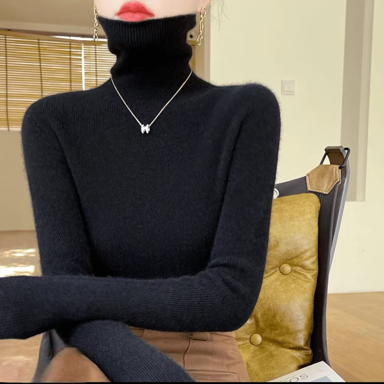 堆堆领爆款修身显瘦羊毛针织打底衫长袖时尚百搭秋冬纯色加厚