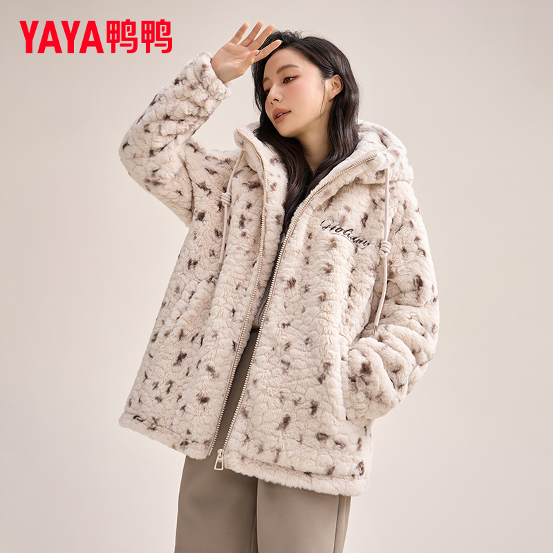 YAYA/鸭鸭羽绒服女中长款保暖羊羔绒休闲情侣宽松外套YE4B601245H