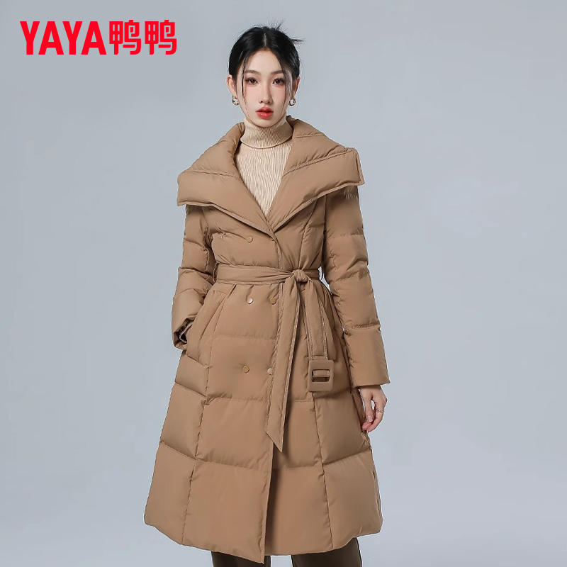 YAYA/鸭鸭羽绒服女长款冬加厚西装大翻领系带保暖外套YE3B630353U