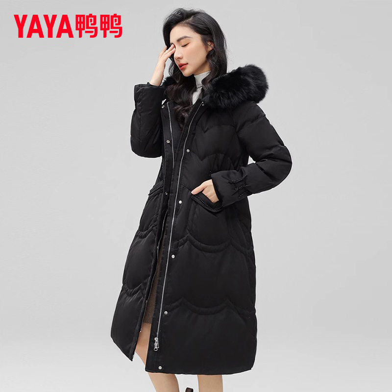 YAYA/鸭鸭羽绒服女中长款冬季收腰修身大毛领连帽外套YE2B626901A