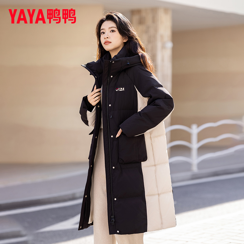 YAYA/鸭鸭羽绒服女长款过膝韩版撞色拼接显瘦连帽外套YE3B634465H