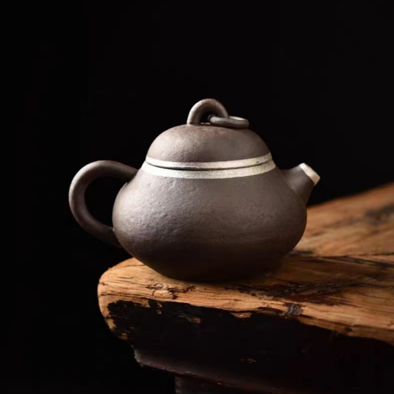 原矿粗陶鎏银茶壶小容量把玩壶家用泡茶单壶功夫茶具大师手工壶