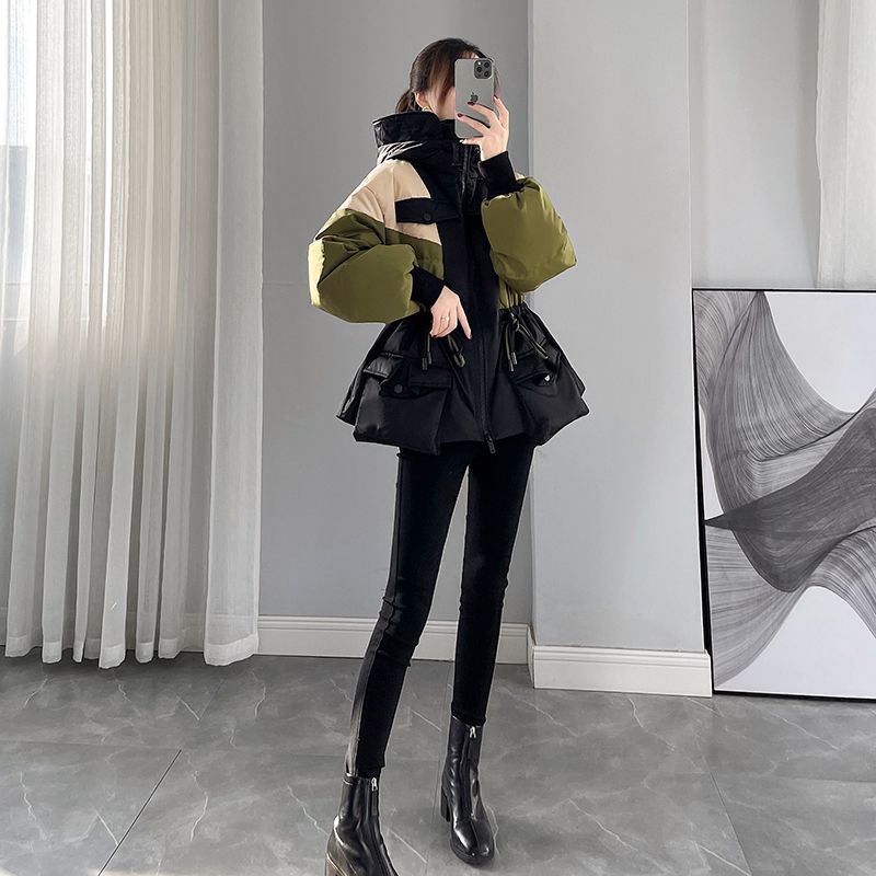 连帽撞色羽绒服秋冬新款女时尚收腰显瘦中长款白鸭绒加厚短款外套