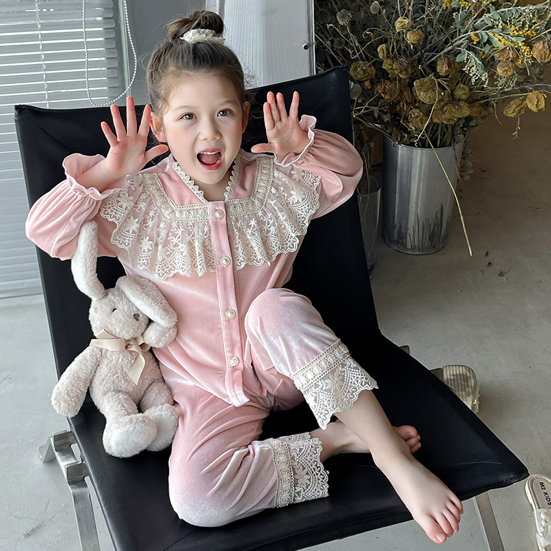 女童家居服海岛绒蕾丝儿童加厚款中大童秋冬款亲子睡衣套装2021