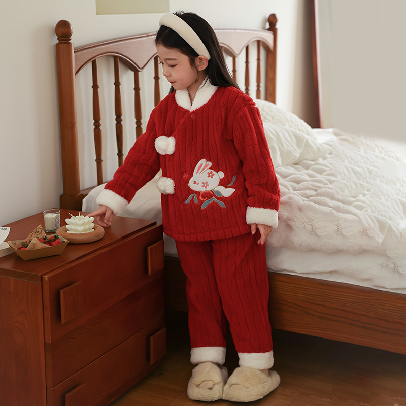 新中式女童法兰绒睡衣加厚套装冬季拜年服儿童家居服2160