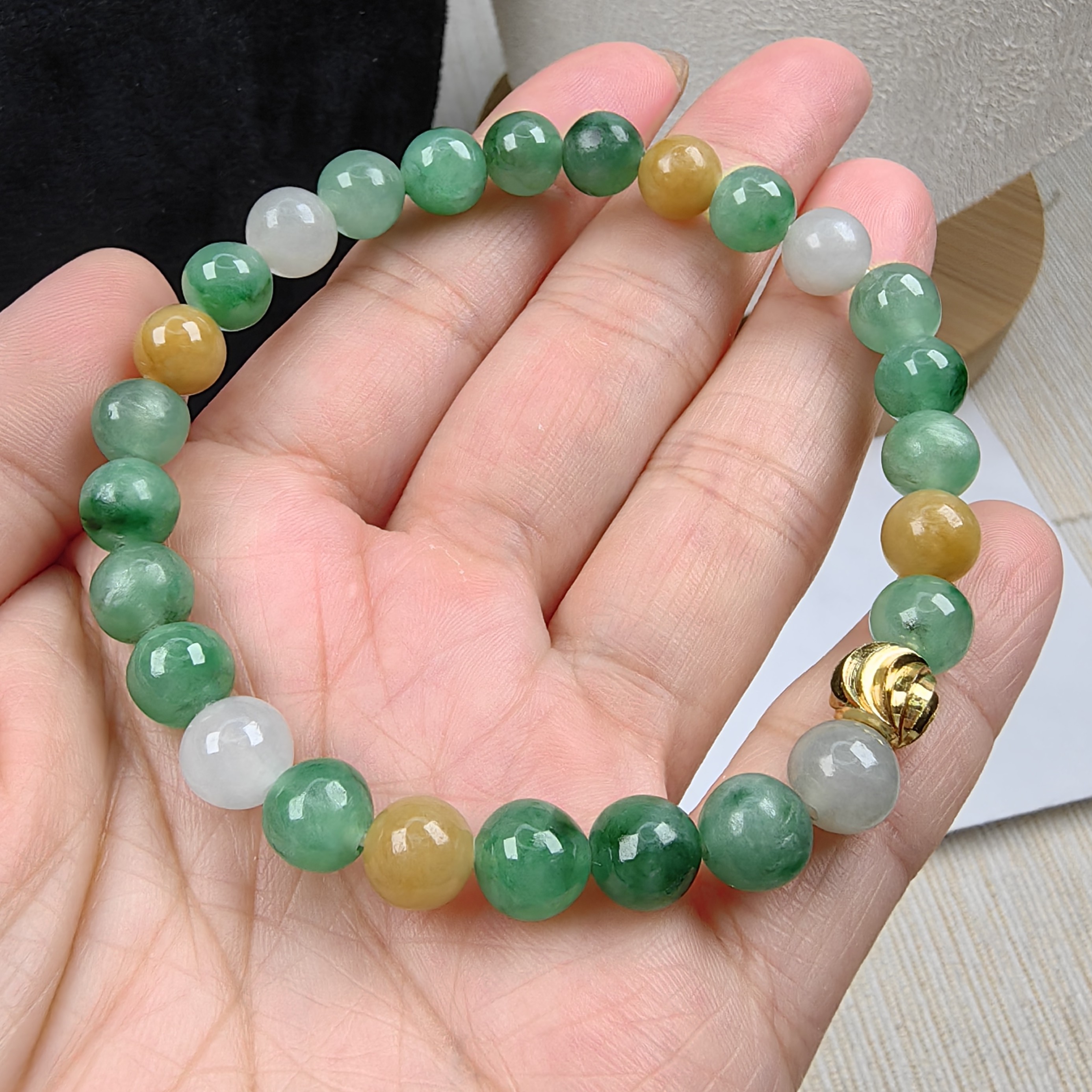 34161335天然翡翠高冰飘绿花黄绿白三色珠串手串