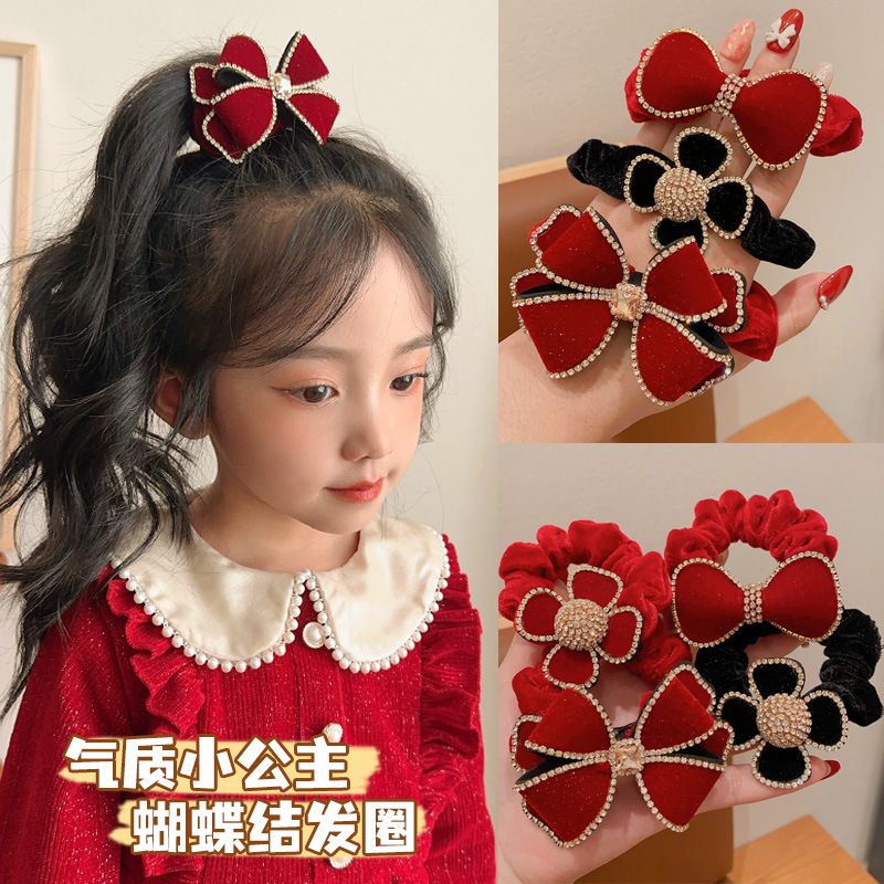 2024新年儿童发绳发饰蝴蝶结头绳红色丝绒水钻新款发圈女孩