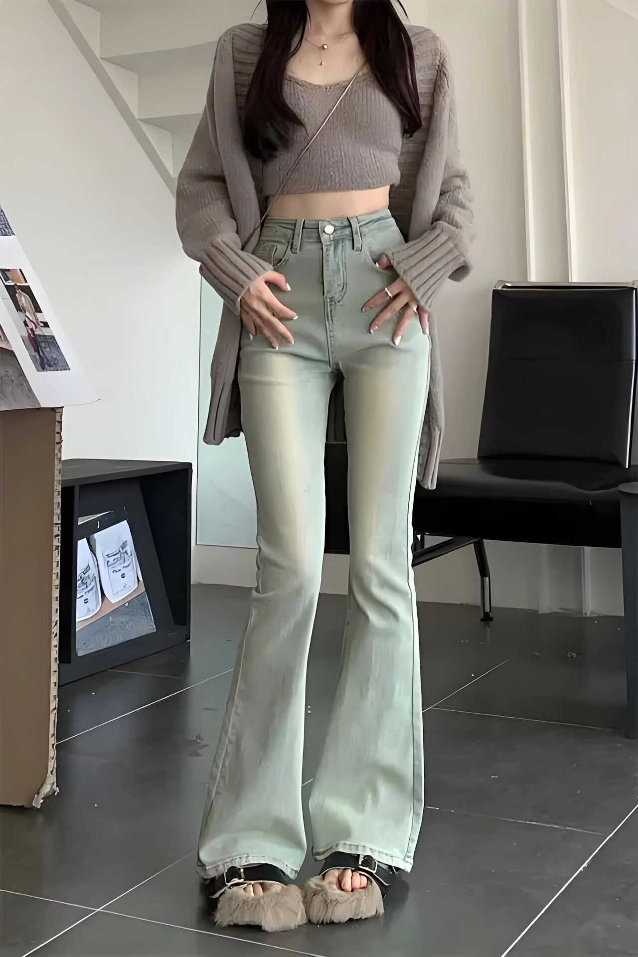 港风牛仔女装高腰喇叭裤显瘦宽松春夏秋冬时尚休闲百搭黑色修身