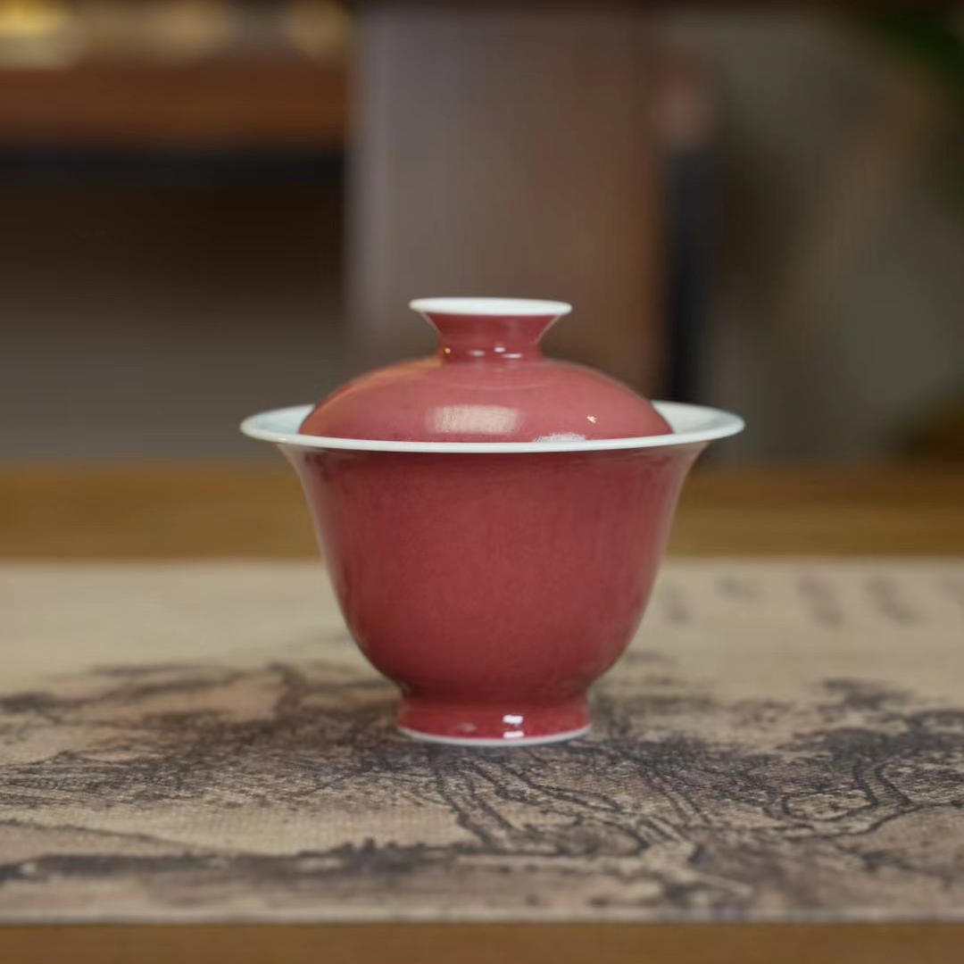 上庄景德镇手工豇豆红两才盖碗容量90毫升