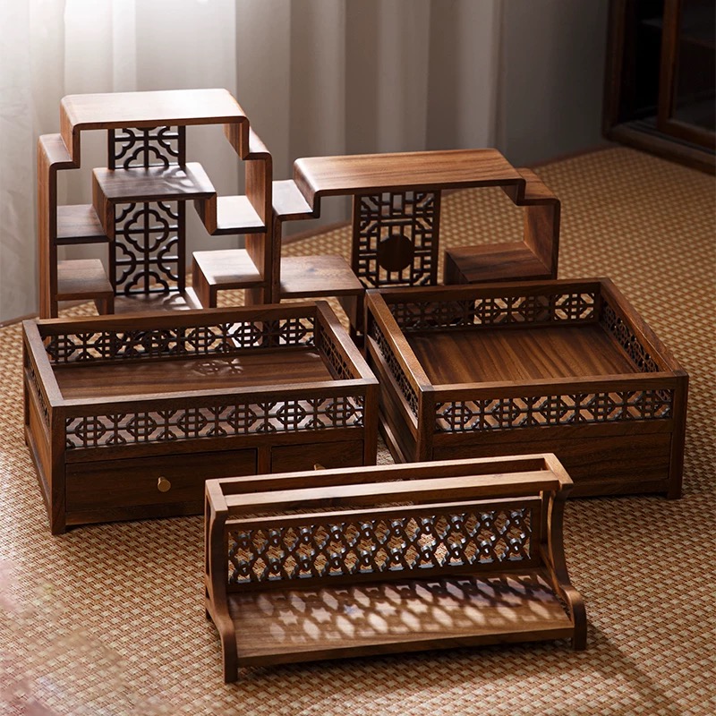 胡桃木博古架复古创意茶具收纳置物架实木桌面小型多宝阁茶杯架