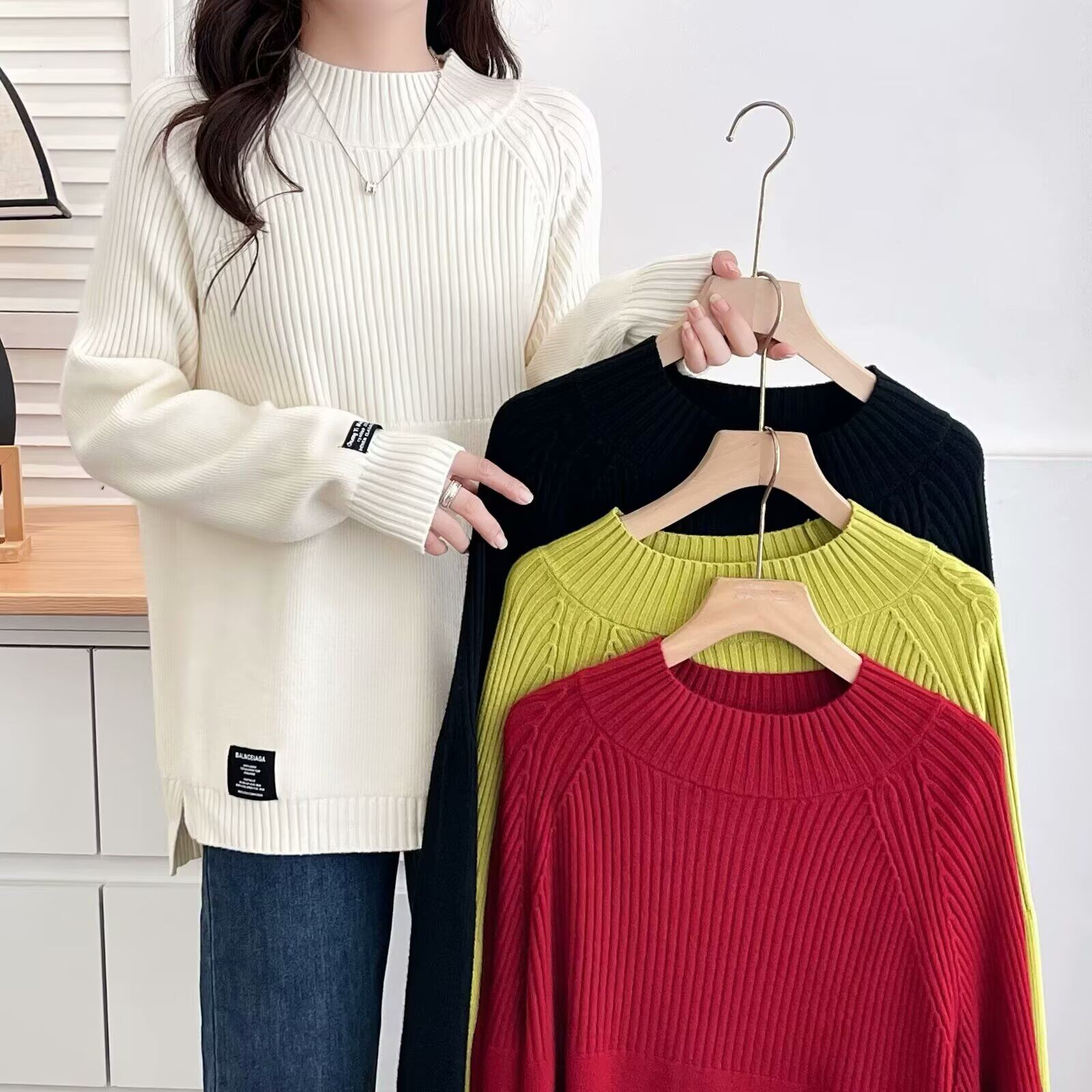 秋冬特大码女装胖mm半高领加厚红色毛衣女2024新款显瘦针织衫上衣