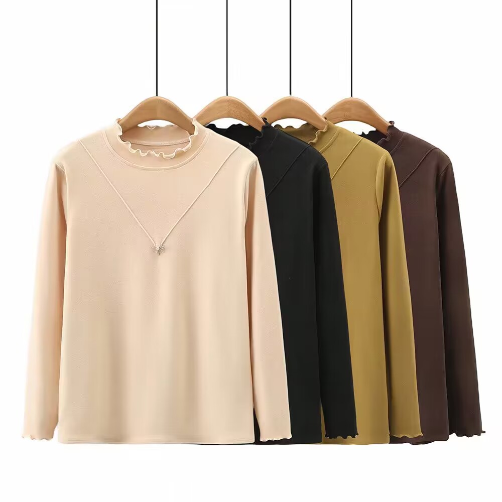 大码mm胖潮打底衫女200斤春款木耳边半高领胖妹妹正肩显瘦内搭t恤