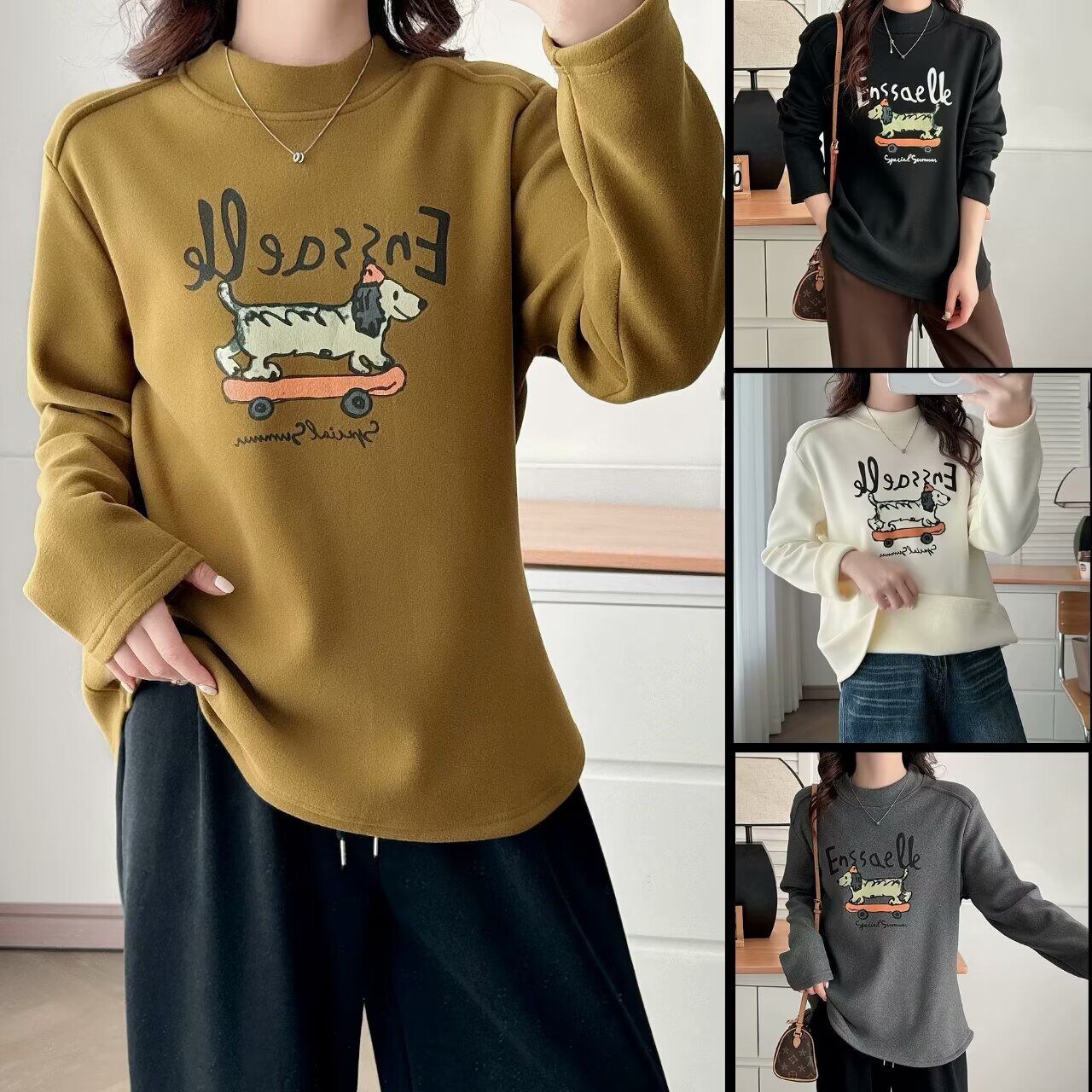 大码胖mm冬季新款加绒加厚减龄小狗印花圆领卫衣洋气宽松显瘦上衣