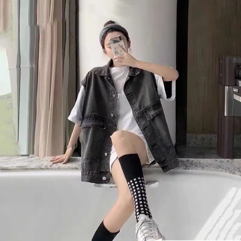微胖穿搭牛仔马甲女春秋大码胖妹妹宽松显瘦外穿无袖坎肩工装外套
