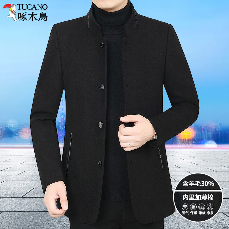 啄木鸟男装秋冬季2021新款中老年男士外套爸爸装毛呢衣服防寒夹克
