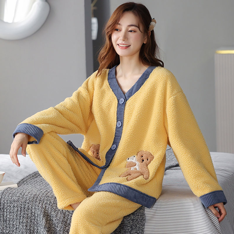 【加厚绒】高品质秋冬季女士长袖加绒睡衣套装家居服保暖V领开始款