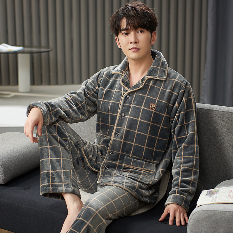 【高品质】秋冬季男士长袖加绒加厚睡衣套装家居服保暖