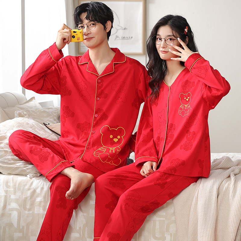 【纯棉】高品质结婚喜庆春秋季长袖情侣纯棉睡衣套装家居服大红色