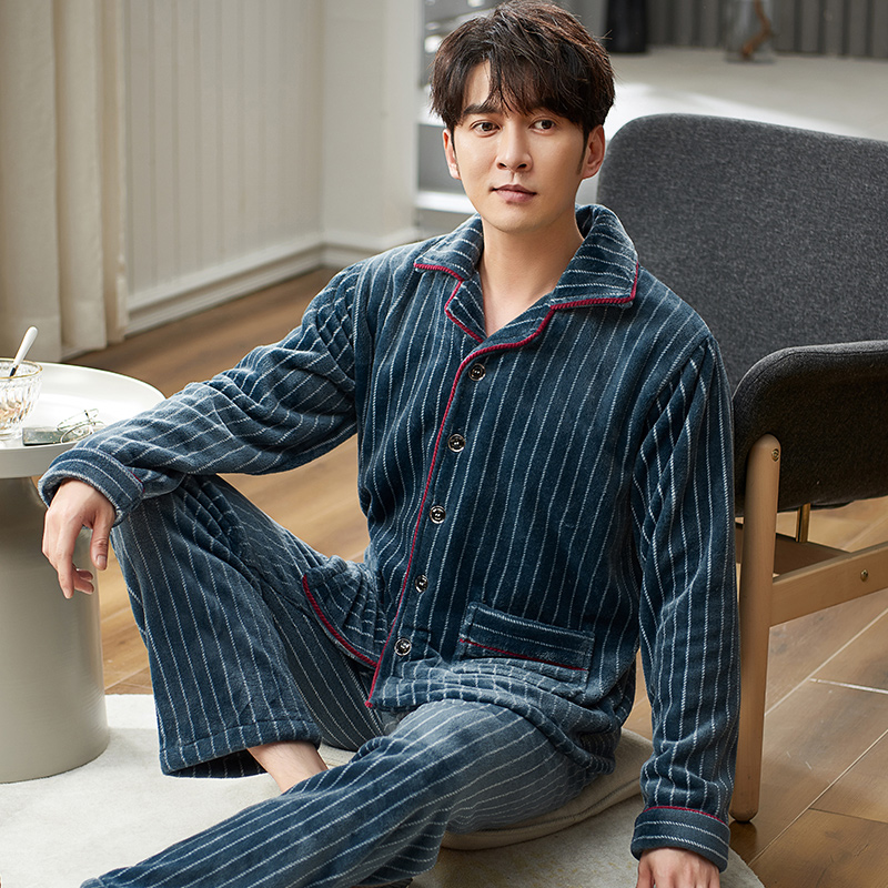 【高品质】秋冬季男士长袖加绒加厚睡衣套装家居服保暖