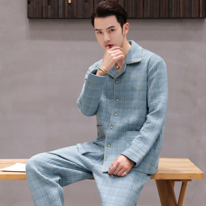 【加厚纯棉】秋冬季男士长袖纯棉睡衣套装家居服三层夹层棉薄夹棉