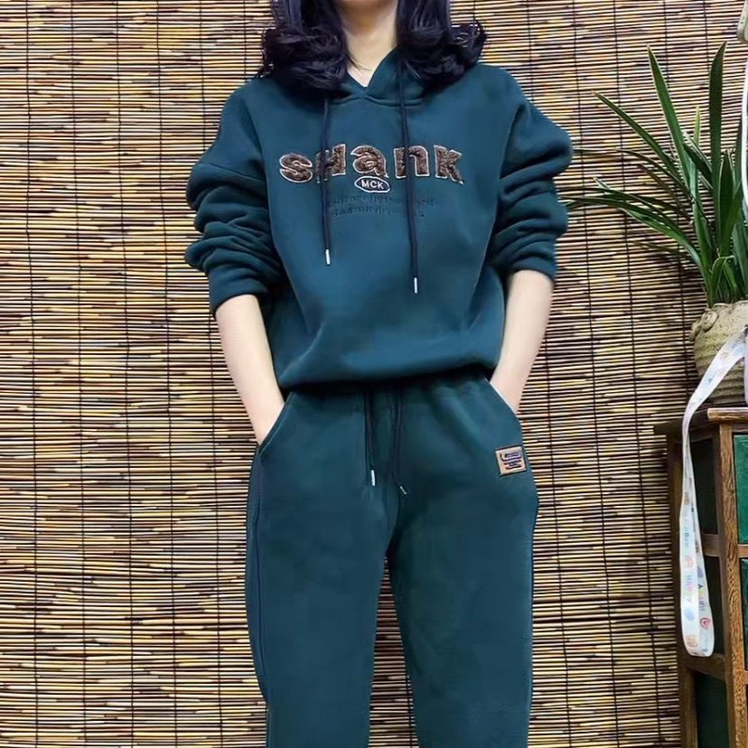 冬季加绒加厚卫衣套装一整套新款女士运动服套装宽松显瘦两件套女