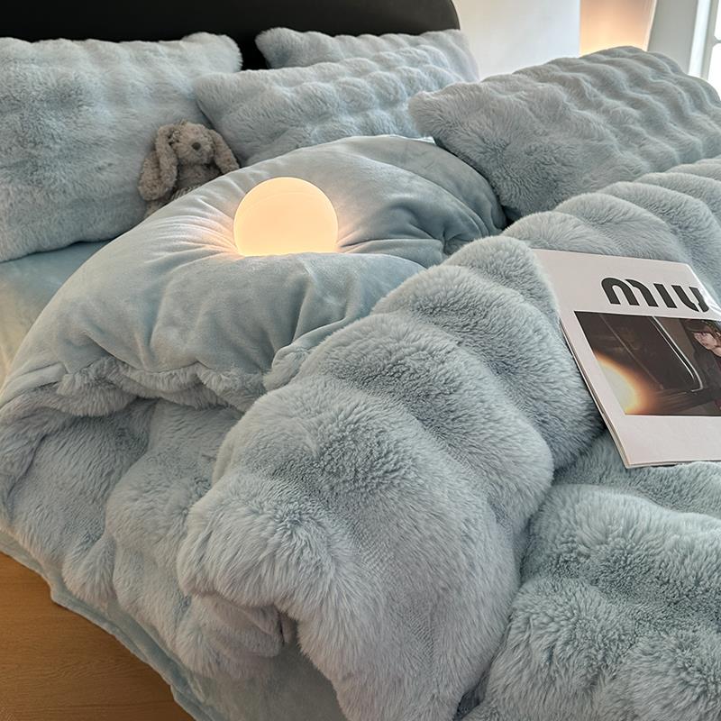 高端撸猫感兔毛绒床上四件套冬季加厚加绒牛奶绒三件套双面绒被罩