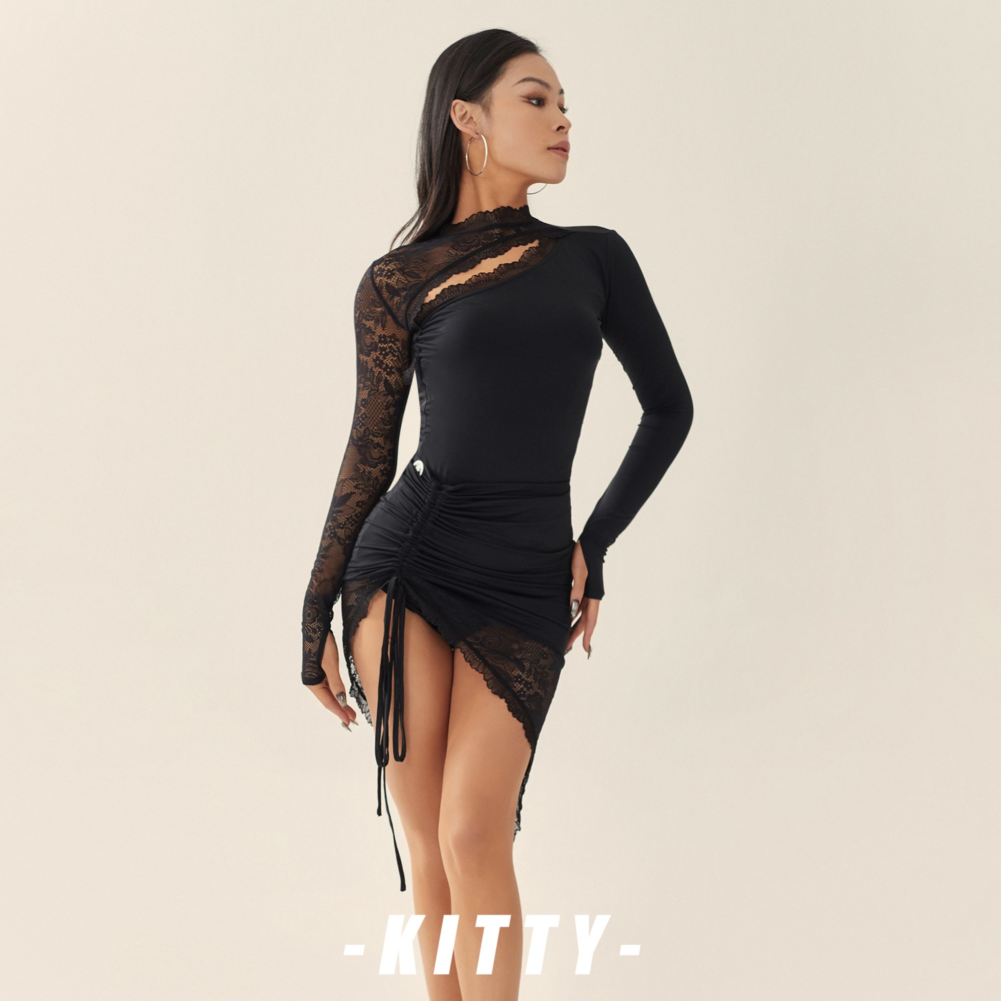 KITTY舞服 / 中式性感～小高领长袖蕾丝上衣  斜边蕾丝裙
