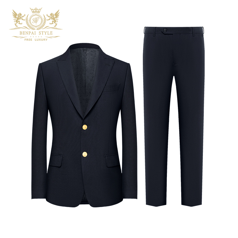 【私人订制】春秋男士微弹藏蓝色金扣布雷泽修身西服商务休闲套装