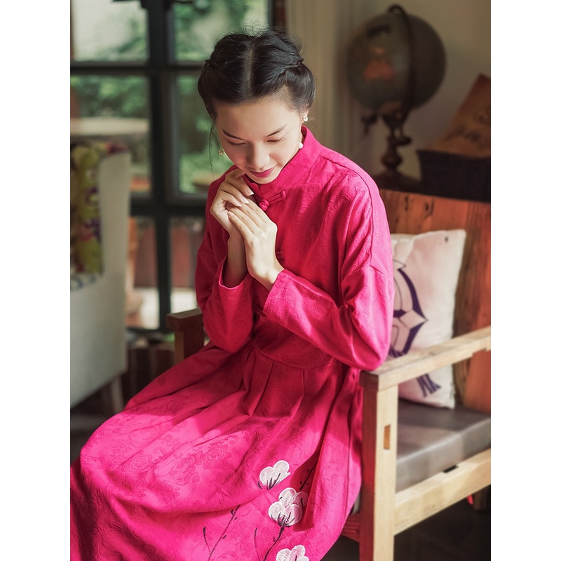 中国风手绘复古民族风麻料盘扣棉麻宽松连衣裙春秋中长款长袖裙子