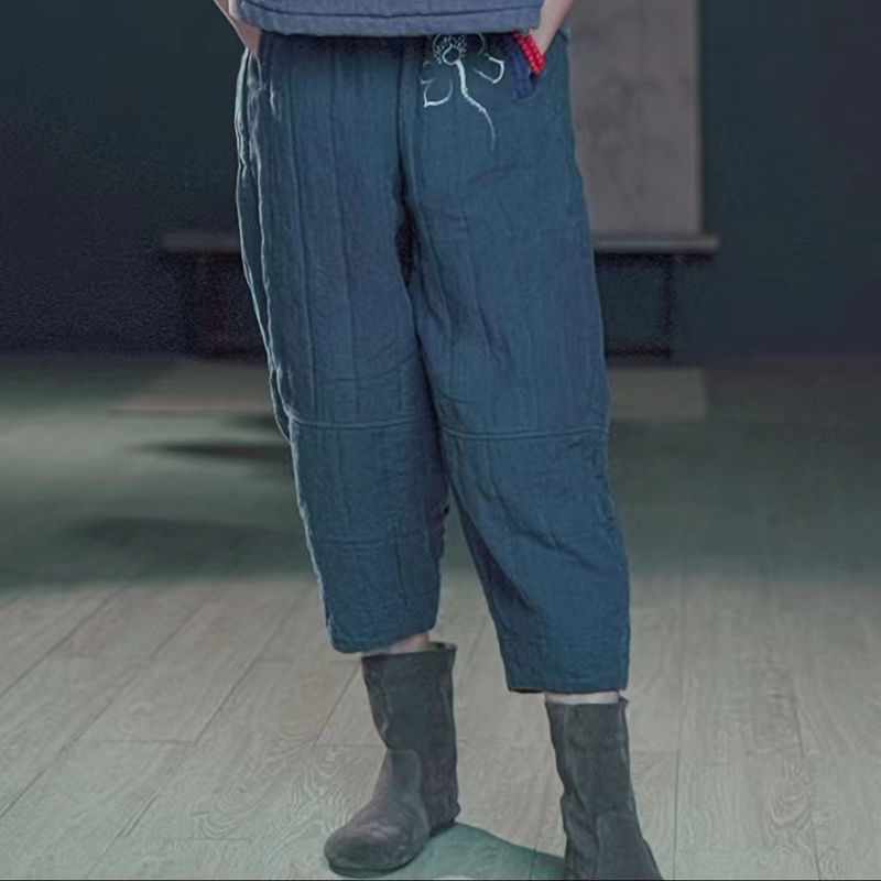 秋冬新款纯色裤靴裤夹棉厚款八分裤松紧腰宽松休闲帅气百搭