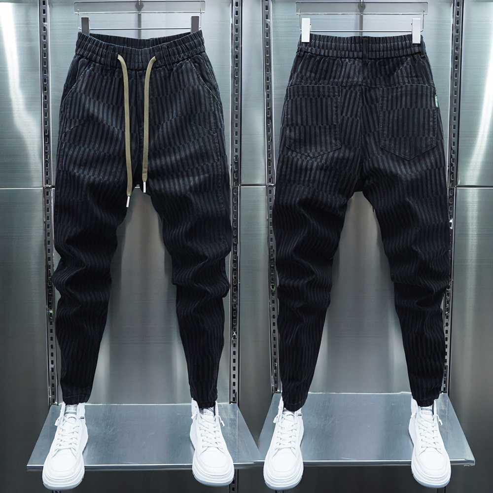 男士潮流渐变色休闲裤秋冬加绒条纹小脚牛仔裤弹力修身黑色哈伦裤