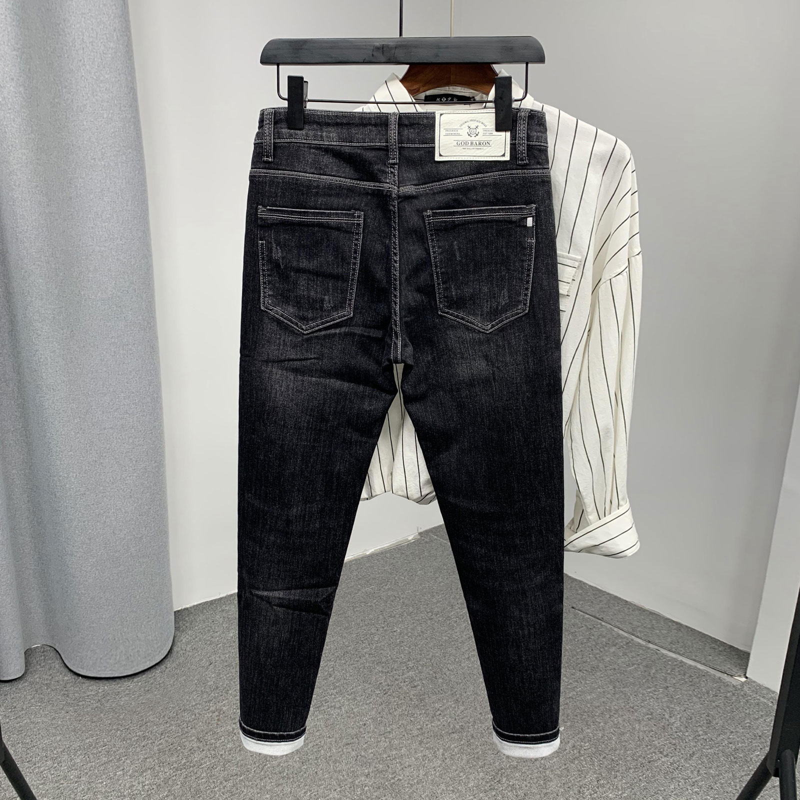 男士薄绒黑色修身牛仔裤2023年秋冬新款简约弹力九分小脚铅笔裤潮