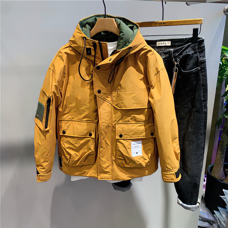 【男邦】冬季潮拼接撞色男士连帽面包服个性贴标工装户外防寒宽松