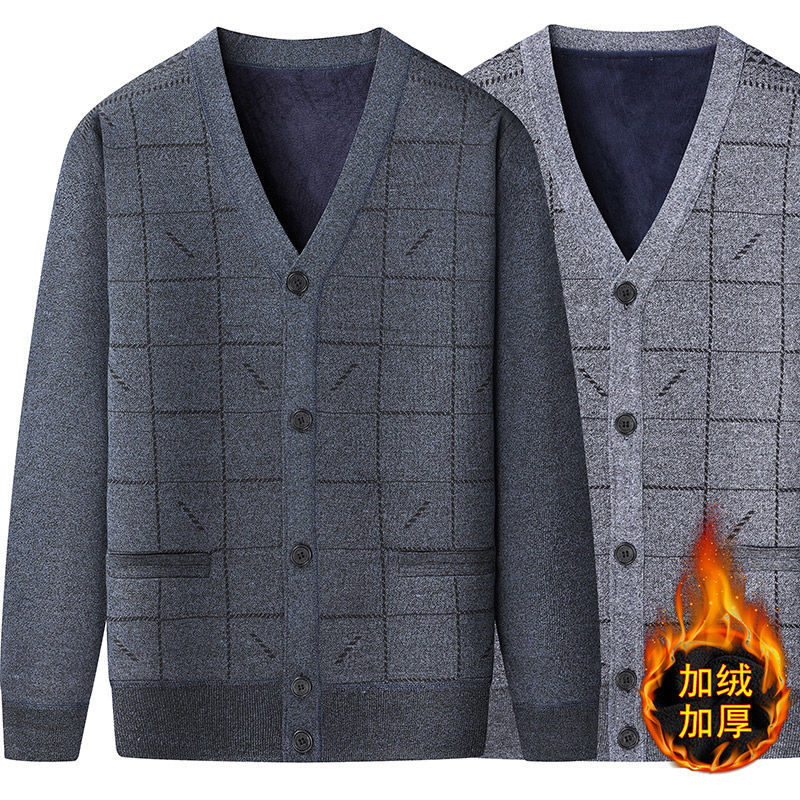 中老年男士毛衣开衫秋冬季爸爸装加绒加厚针织衫上衣爷爷保暖外套