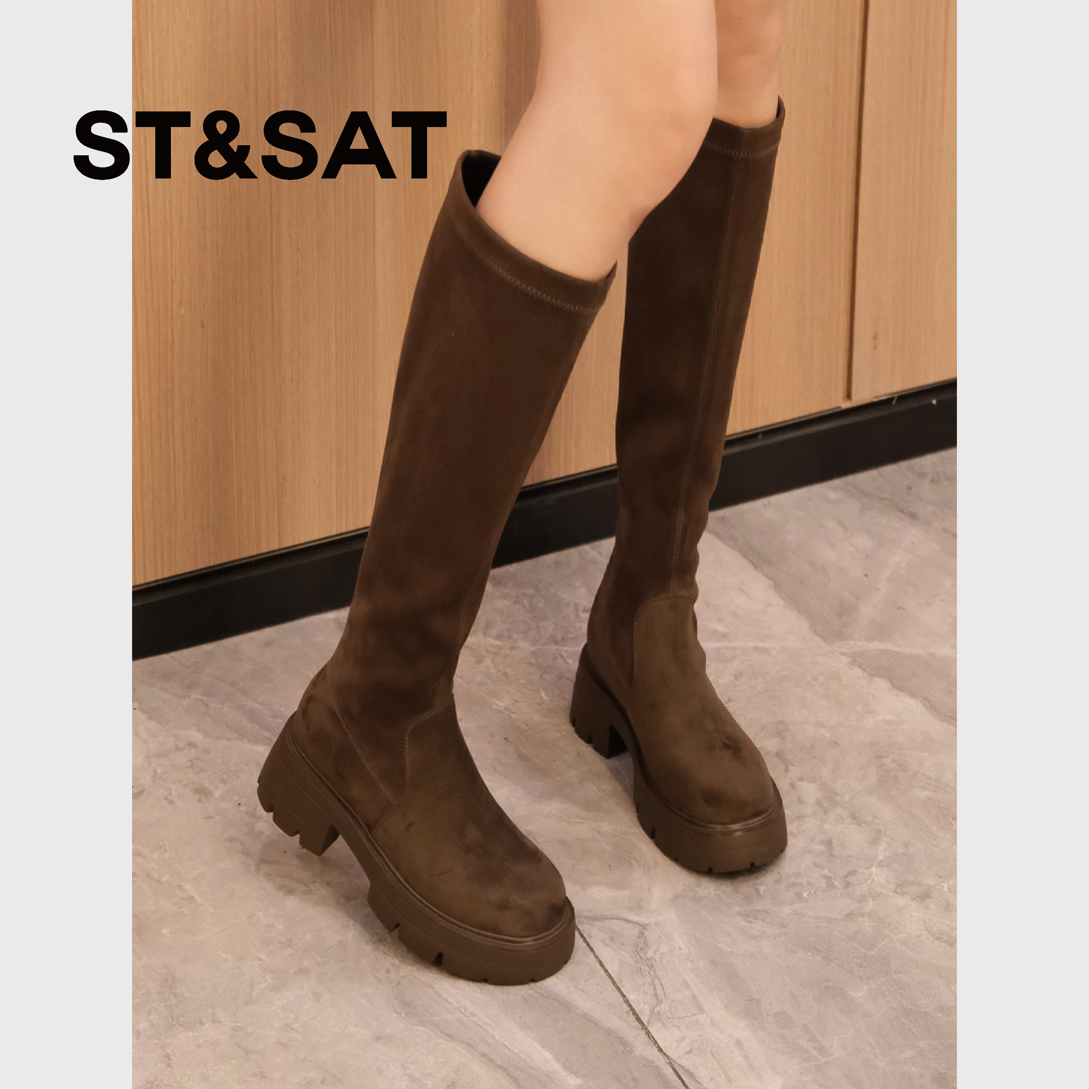 星期六女鞋小个子厚底靴秋冬长筒靴新款百搭美拉德时装靴子瘦瘦靴