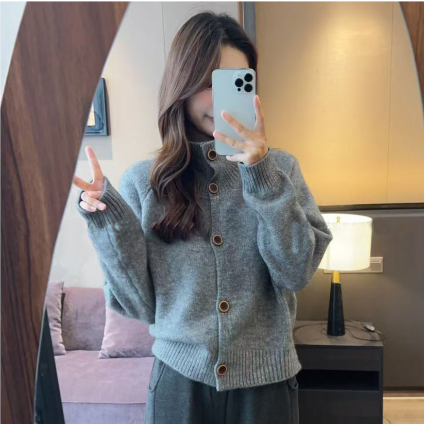 2025秋冬季新款韩系复古立领单排纽扣毛衣女款小个子短款针织开衫
