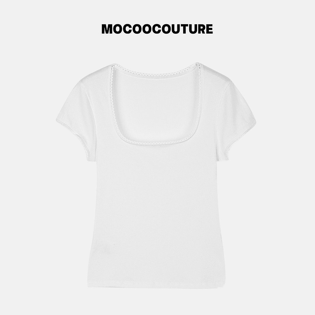 蕾丝边 白色 修身方领T恤  26283