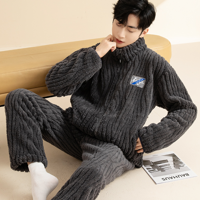 冬季睡衣男士秋冬款加绒加厚款珊瑚绒保暖青年中年休闲家居服套装