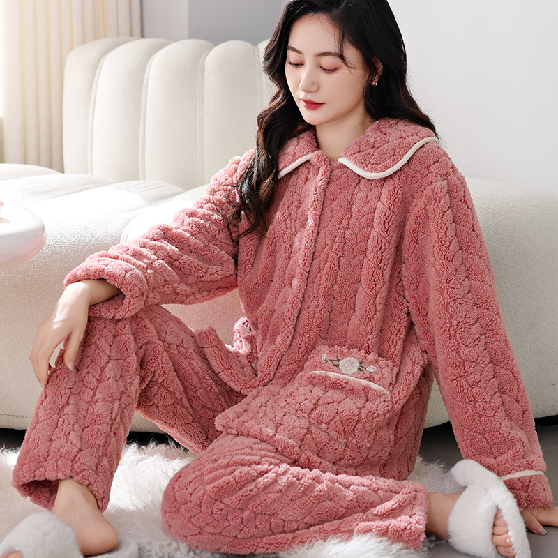 妈妈装睡衣女加绒加厚珊瑚绒法兰绒大码休闲保暖秋冬季家居服套装