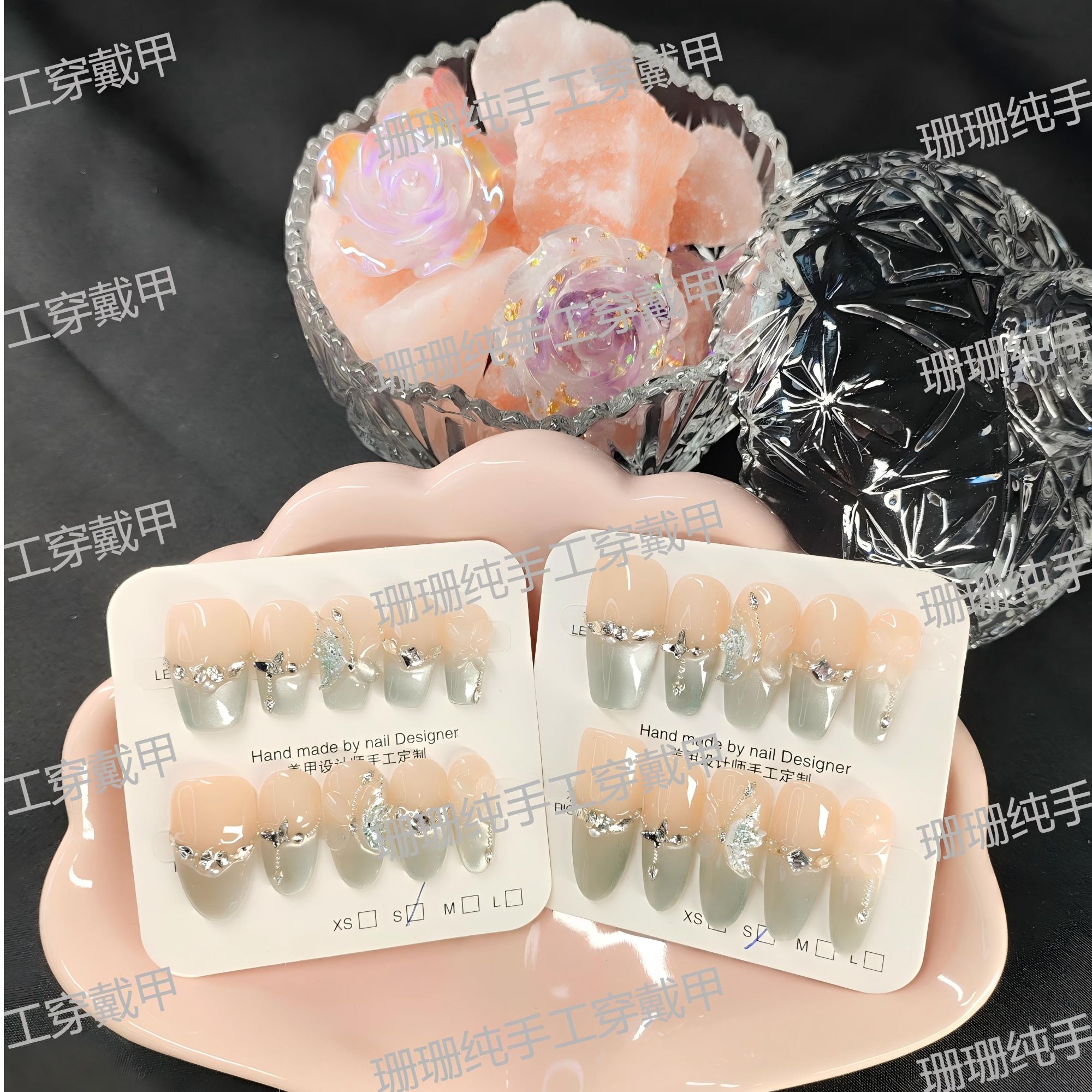 【天池】时尚清新法式猫眼撞色纯手工穿戴甲